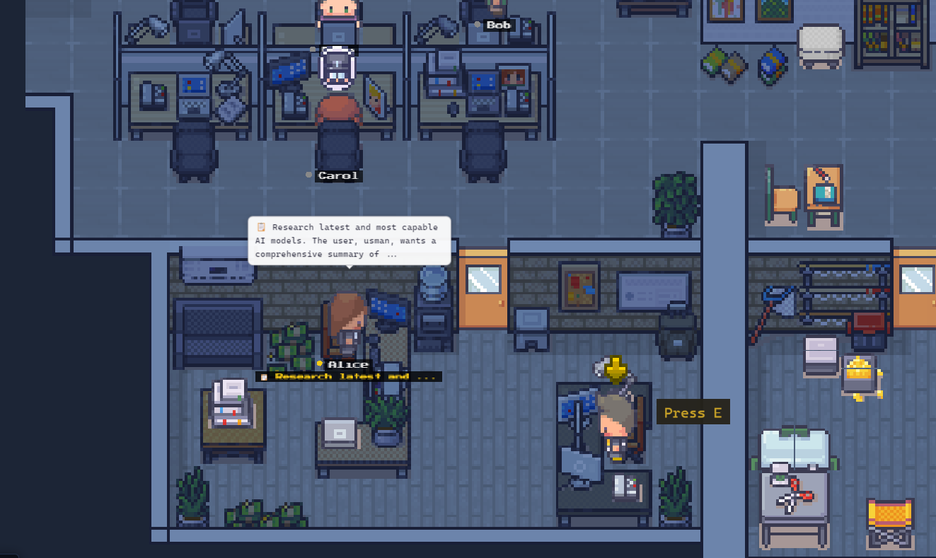 Close-up of Agent Town in Stonic AI — agent Alice at her desk executing a research task with a live task bubble