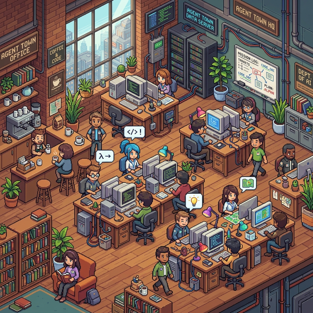 Stonic AI multi-agent pixel-art simulation office showing AI agents collaborating