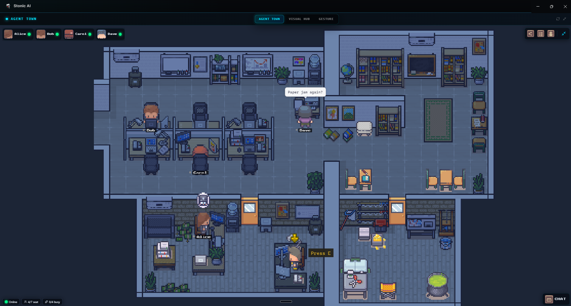 Stonic AI Agent Town — pixel-art office where AI agents Alice, Bob, Carol and Dave work at their desks