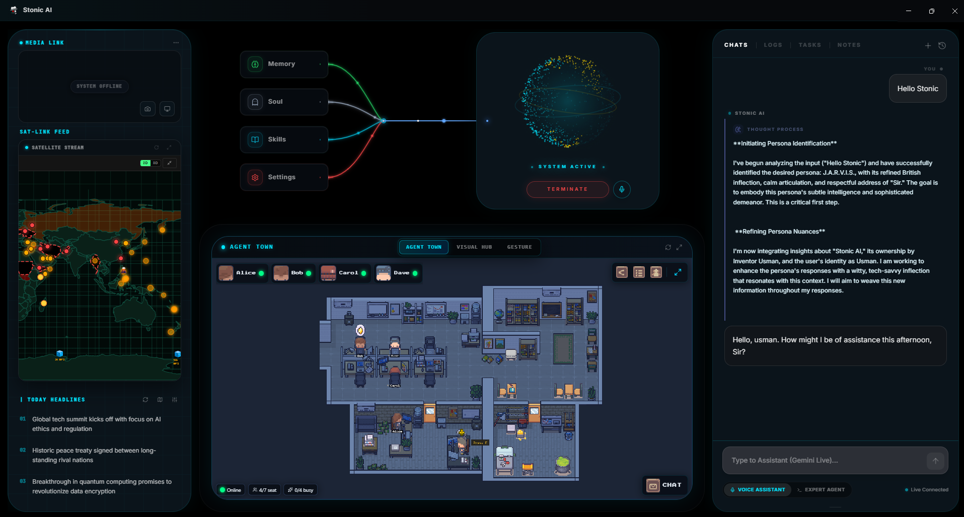 Stonic AI main dashboard — system core, voice assistant chat, and Agent Town panel